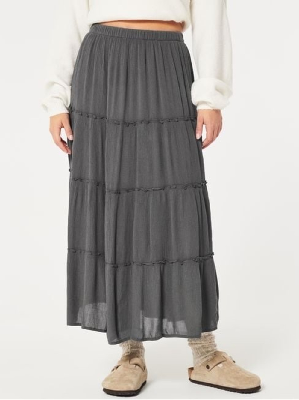 Hollister Women's Blue/Grey Tiered Maxi Skirt - Casual Boho Style